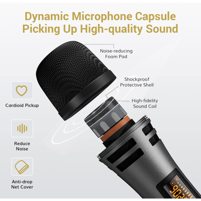 Ручний бездротовий TONOR TW310, динамічний мікрофон UHF роз'єм 6,35 мм з акумуляторним приймачем, сірий (0198)