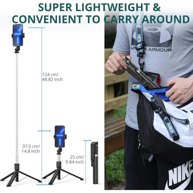 Штатив для селфі-палиці ATUMTEK 49" ATSS125 стабільна підставка-штатив зі знімним пультом дистанційного керування Bluetooth, чорний (0031)