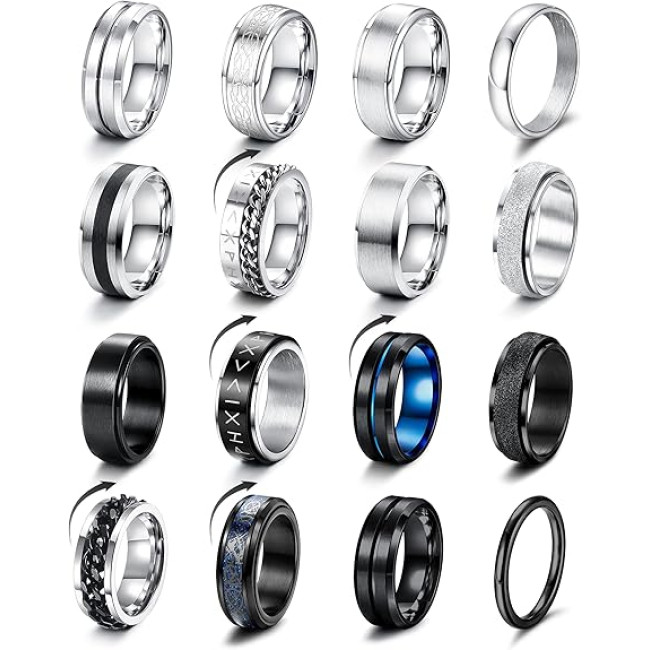 Серебряно-черные мужские кольца LOLIAS 16 шт, размер 13 - нержавеющая сталь с матовым покрытием, полированная лента, цепочка (2019)