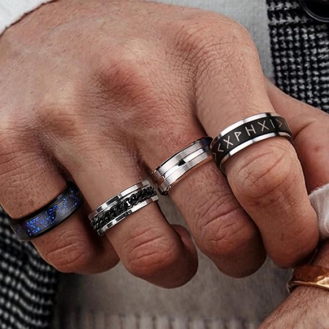 Серебряно-черные мужские кольца LOLIAS 16 шт, размер 13 - нержавеющая сталь с матовым покрытием, полированная лента, цепочка (2019)