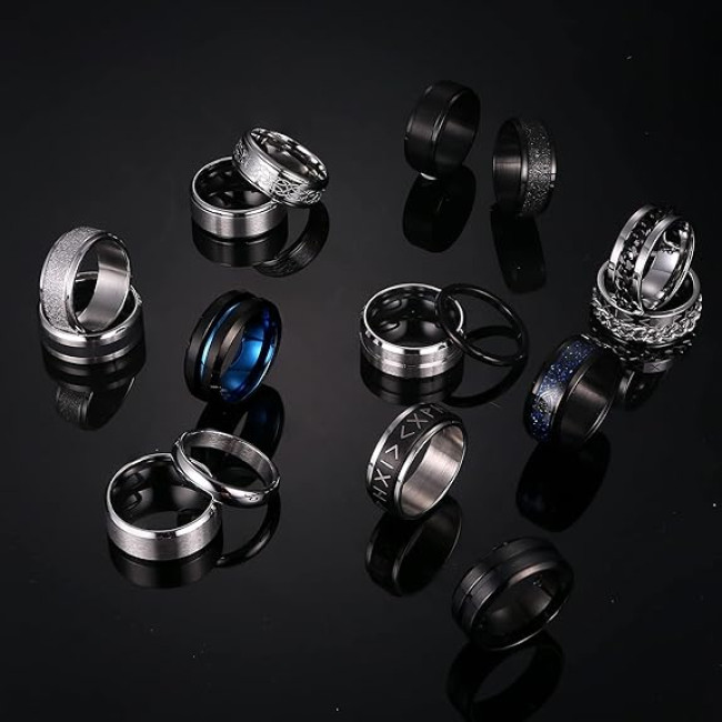 Серебряно-черные мужские кольца LOLIAS 16 шт, размер 13 - нержавеющая сталь с матовым покрытием, полированная лента, цепочка (2019)