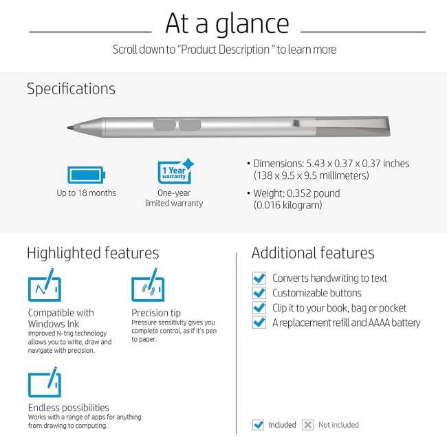 Tesha Перо для Surface, 1024 натисків, гумка та клацання правою кнопкою миші, відхилення долоні, срібний (5082)