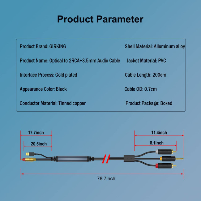 Цифровий оптоволоконний аудіокабель GIRKING GK-003 з 2RCA + 3,5 мм (3180)