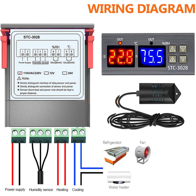 Цифровий термостат BE-TOOL STC-3028, універсальний контролер температури та вологості з датчиком для холодильника, інкубатора, чорний (0182)