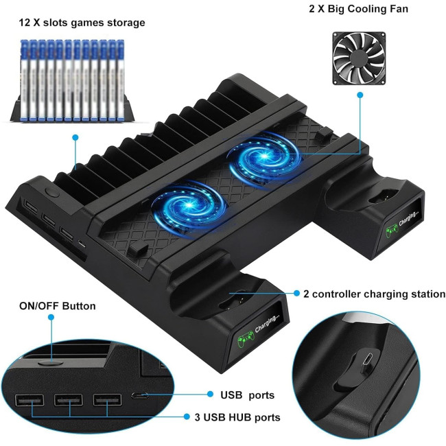 Вертикальна підставка охолодження EEEKit для PS4 з 2 зарядними станціями для контролерів, чорний (3054)