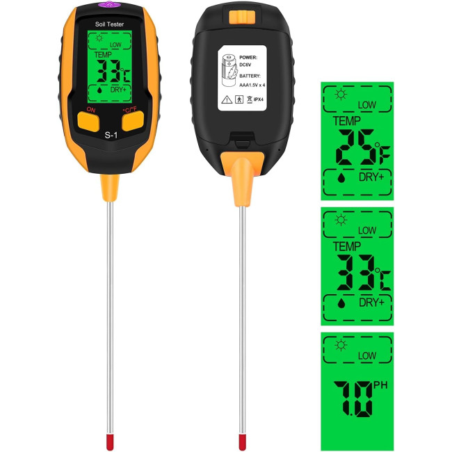Вимірювач вологості ґрунту Esimen 4-в-1 РК-дисплей цифровий вимірювач температури рослин/вологості ґрунту/pH, жовтий (0157)