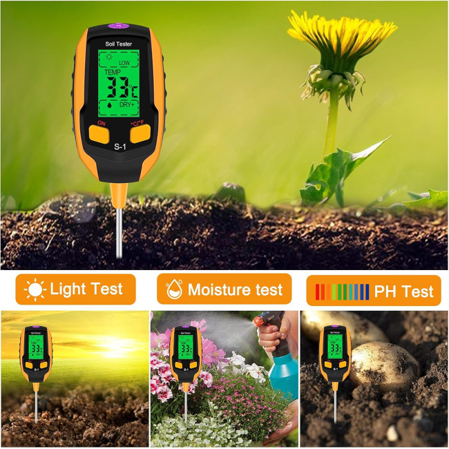 Вимірювач вологості ґрунту Esimen 4-в-1 РК-дисплей цифровий вимірювач температури рослин/вологості ґрунту/pH, жовтий (0157)