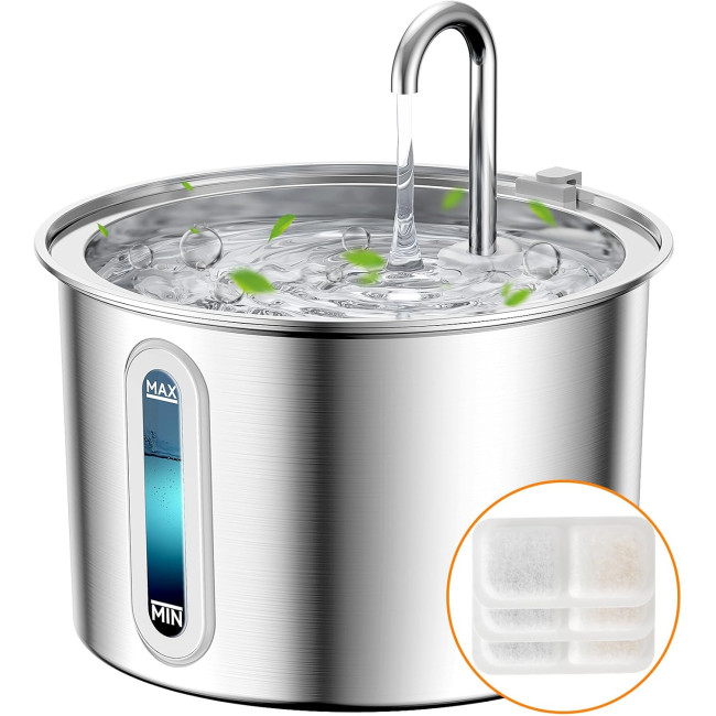 Фонтан для котів Oneisall PWF 001 з нержавіючої сталі, 2-літрові фонтани для котів, з тихим насосом та 3 фільтри, срібний (0011)