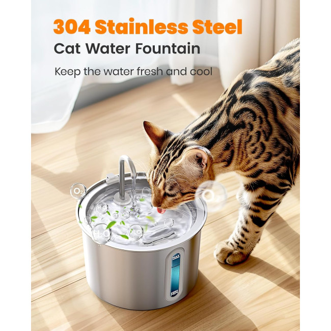 Фонтан для котів Oneisall PWF 001 з нержавіючої сталі, 2-літрові фонтани для котів, з тихим насосом та 3 фільтри, срібний (0011)