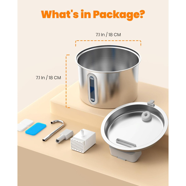 Фонтан для котів Oneisall PWF 001 з нержавіючої сталі, 2-літрові фонтани для котів, з тихим насосом та 3 фільтри, срібний (0011)