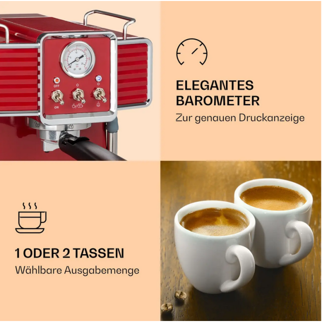 Кавомашина в ретро стилі Klarstein Gusto Classico 1350 Вт, 20 бар, 1,5 л червоний 10035565 (my-5078) б/у
