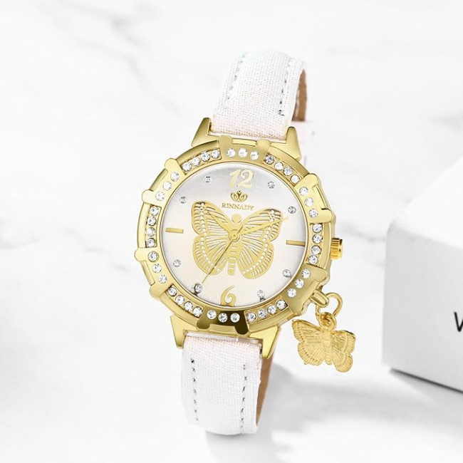 Наручний круглий аналоговий кварцовий годинник із зображенням метелика JewelryWe JW357P0009 для жінок, білі (my-15234)