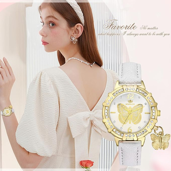 Наручний круглий аналоговий кварцовий годинник із зображенням метелика JewelryWe JW357P0009 для жінок, білі (my-15234)