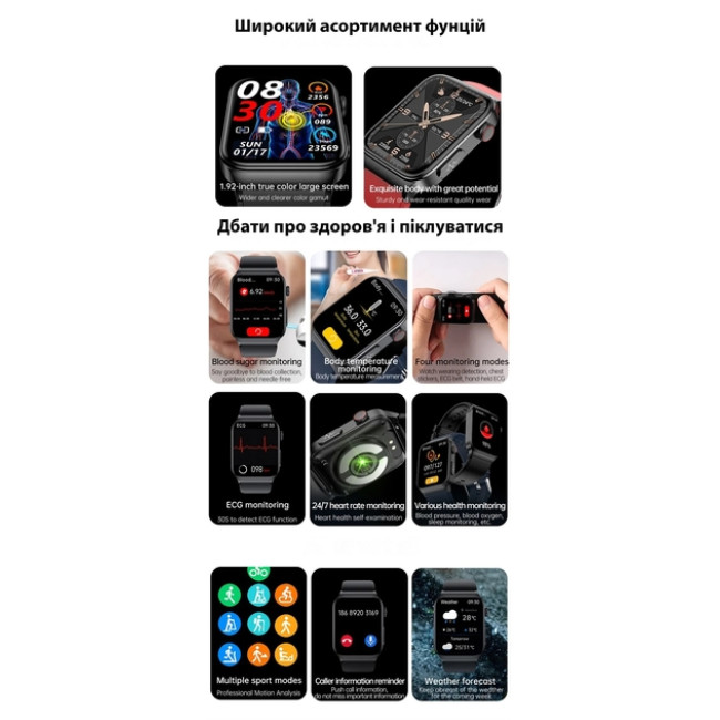 Розумний годинник Lemfo E500 Black з тонометром, глюкометром, вимірюванням рівня кисню в крові та вимірюванням температури тіла та ЕКГ (my-11137)